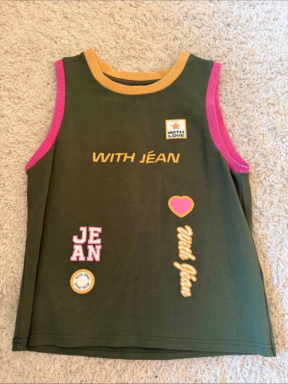 With Jean Olive Tank Top with Pink Trim and Yellow Accents